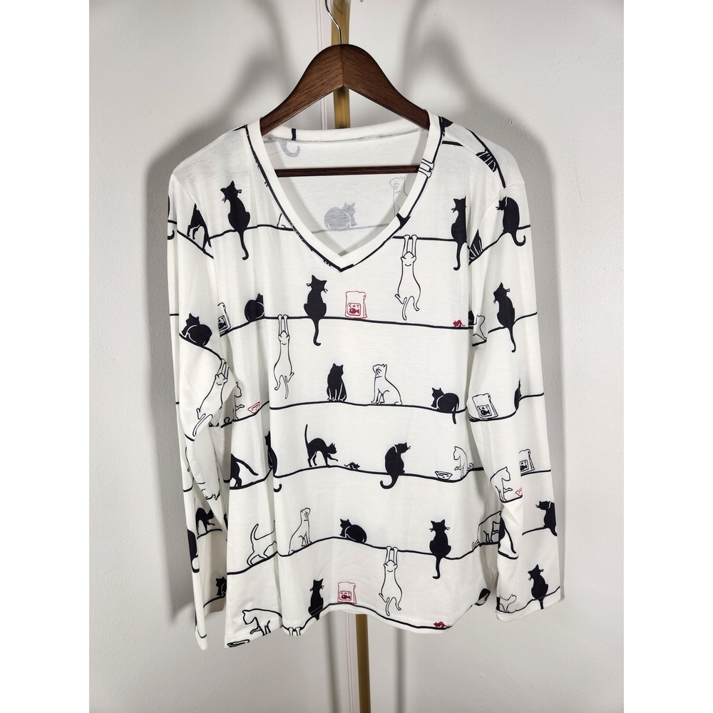 Womens CAT Shirt Cats on a Line Novelty Print Black White Size‎ XXL